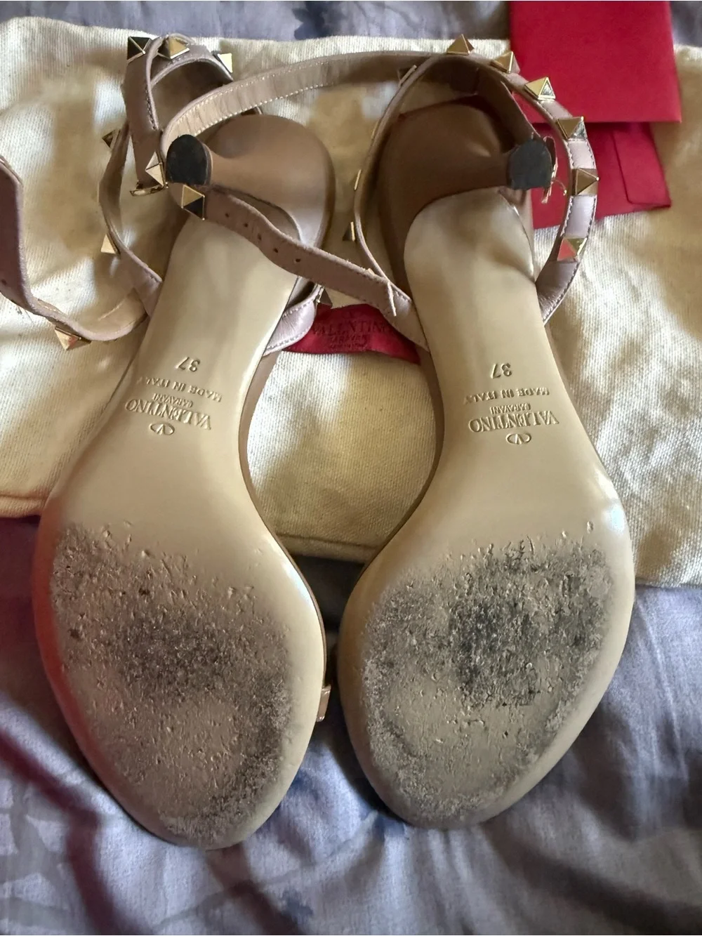 Valentino Garavani Rockstud Tan Leather Ankle Strap heeled Sandals